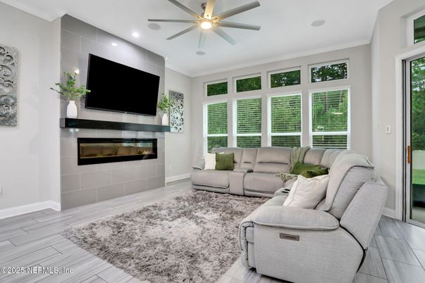 Fireplace, Interior, Living room, Recessed Lighting, Wood Texture Flooring