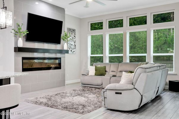 Fireplace, Interior, Living room, Recessed Lighting, Wood Texture Flooring