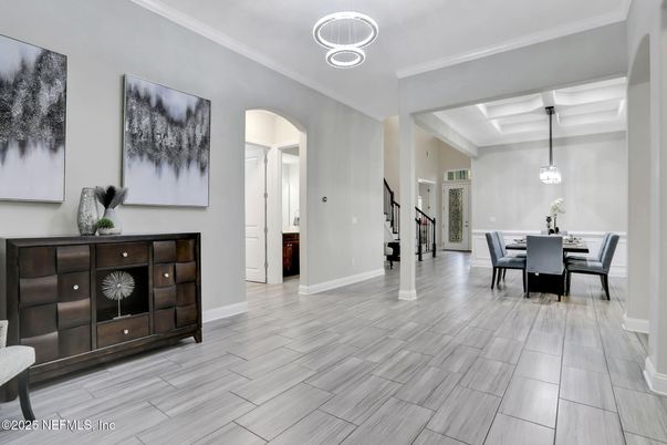 Dining room, Interior, Pendant Lights, Wood Texture Flooring