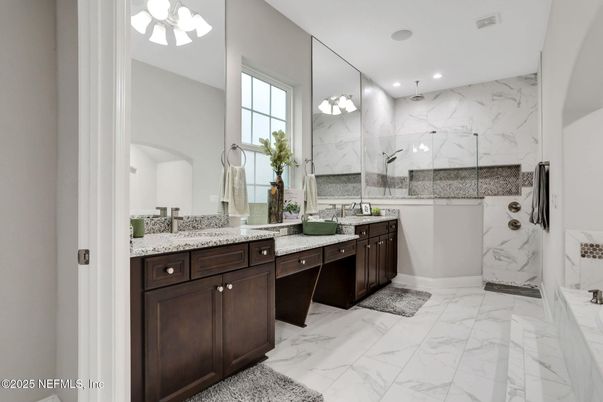 Bathroom, Dual Sink Vanities, Glass Shower, Interior, Marble, Marble Walls, Recessed Lighting
