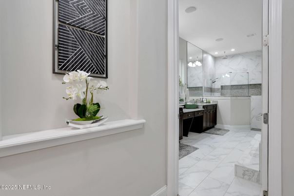 Bathroom, Glass Shower, Interior, Marble, Marble Walls, Recessed Lighting