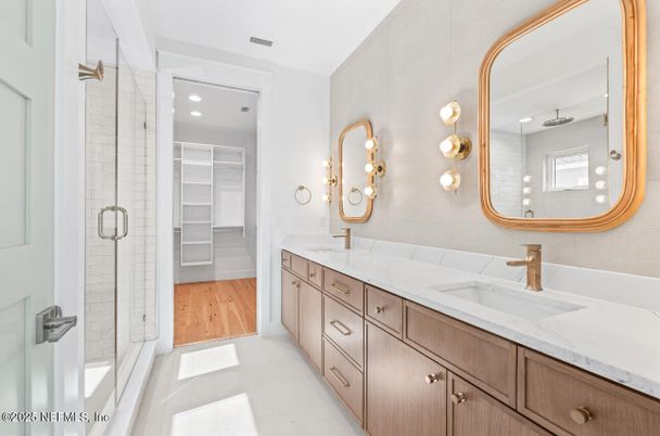 Bathroom, Dual Sink Vanities, Glass Shower, Interior, Recessed Lighting, Walk-in Closets, Wood Texture Flooring