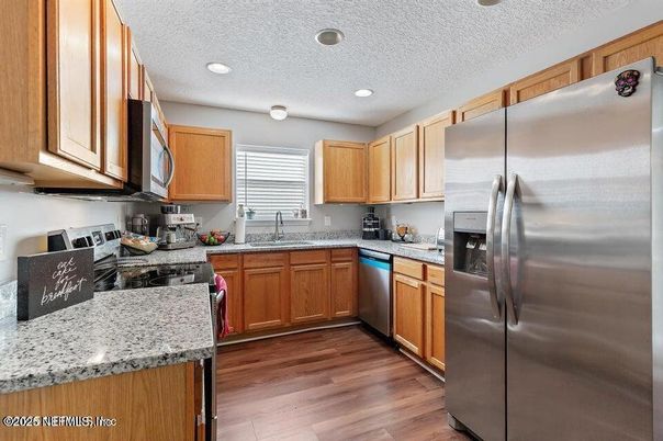Interior, Kitchen, Recessed Lighting, Stainless Steel Appliances, Wood Texture Flooring