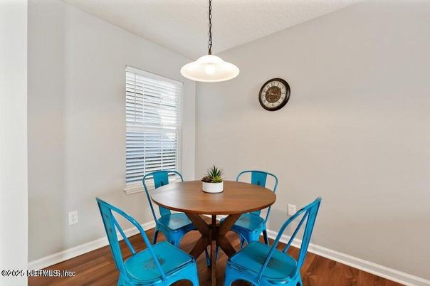 Dining room, Interior, Pendant Lights, Wood Texture Flooring