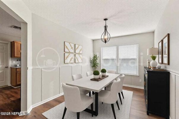 Dining room, Interior, Pendant Lights, Wood Texture Flooring