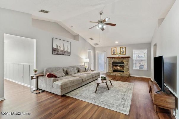 Fireplace, Interior, Living room, Recessed Lighting, Wood Texture Flooring