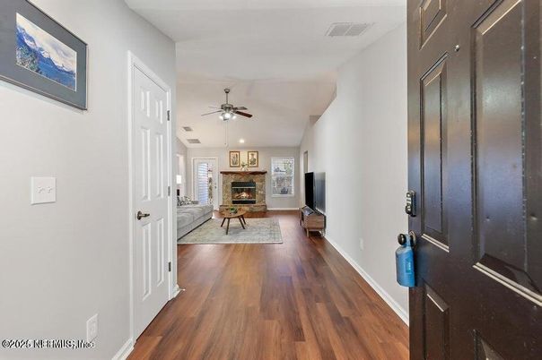 Fireplace, Interior, Recessed Lighting, Wood Texture Flooring