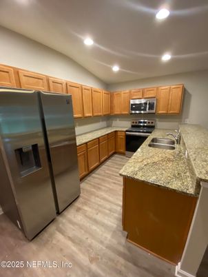 Interior, Kitchen, Recessed Lighting, Stainless Steel Appliances, Wood Texture Flooring