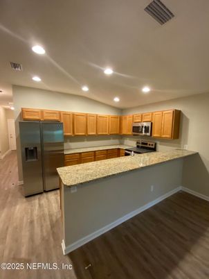 Interior, Kitchen, Recessed Lighting, Stainless Steel Appliances, Wood Texture Flooring