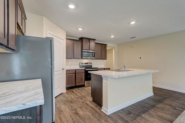 Interior, Kitchen, Recessed Lighting, Wood Texture Flooring