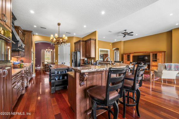 Chandelier, Interior, Kitchen, Recessed Lighting, Wood Texture Flooring