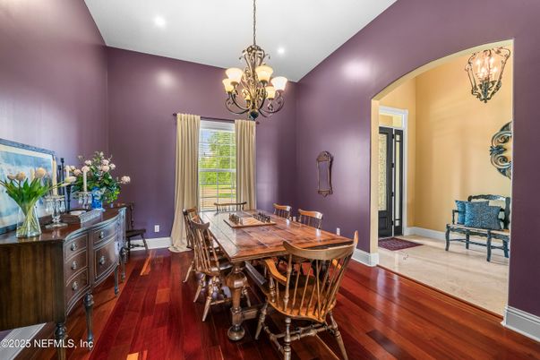 Chandelier, Dining room, Interior, Recessed Lighting, Wood Texture Flooring