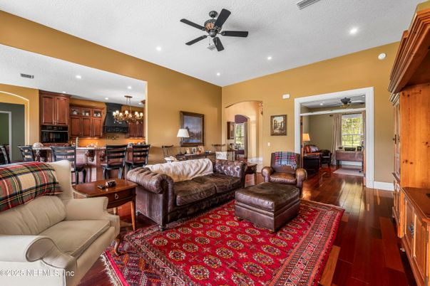 Chandelier, Dining room, Interior, Kitchen, Living room, Recessed Lighting, Wood Texture Flooring