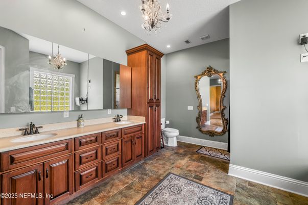 Bathroom, Chandelier, Dual Sink Vanities, Interior, Recessed Lighting