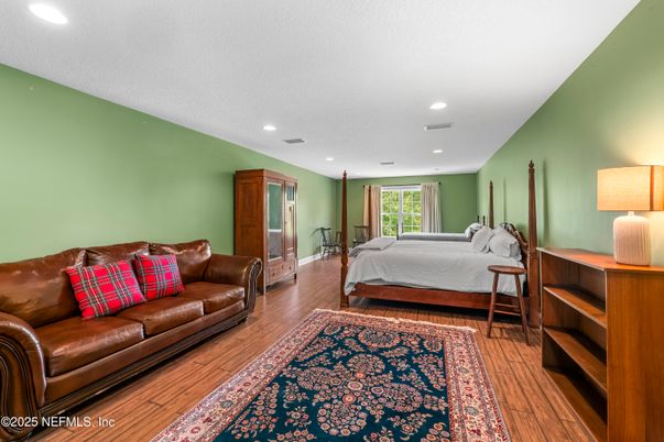 Bedroom, Interior, Recessed Lighting, Wood Texture Flooring