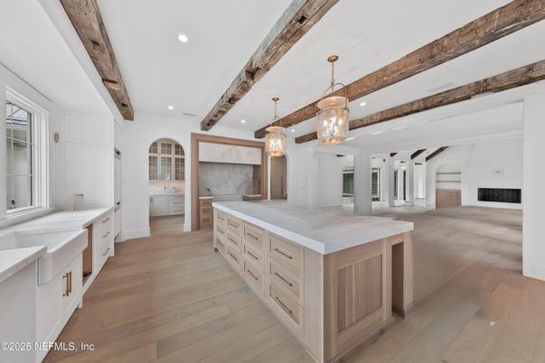 Interior, Kitchen, Pendant Lights, Recessed Lighting, Wooden Beams, Wood Texture Flooring