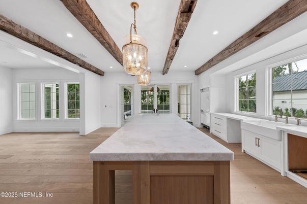 Interior, Kitchen, Pendant Lights, Recessed Lighting, Wooden Beams, Wood Texture Flooring