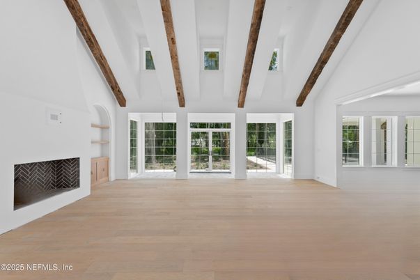 Empty room, Fireplace, Interior, Wooden Beams, Wood Texture Flooring