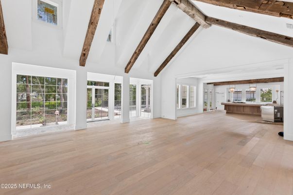 Empty room, Interior, Pendant Lights, Wooden Beams, Wood Texture Flooring