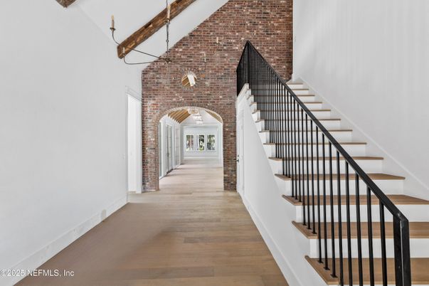 Interior, Pendant Lights, Stone Walls, Wood Texture Flooring