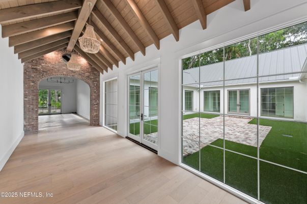 Chandelier, Empty room, Interior, Stone Walls, Sun Room, Wooden Beams, Wooden Ceilings, Wood Texture Flooring