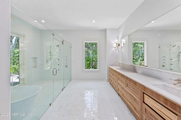 Bathroom, Dual Sink Vanities, Glass Shower, Interior, Marble, Recessed Lighting