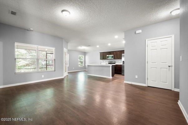 Empty room, Interior, Kitchen, Recessed Lighting, Wood Texture Flooring