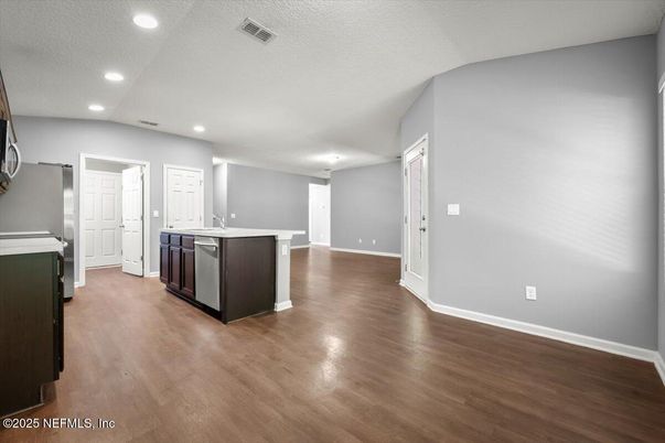 Empty room, Interior, Kitchen, Recessed Lighting, Wood Texture Flooring