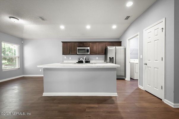 Interior, Kitchen, Recessed Lighting, Stainless Steel Appliances, Wood Texture Flooring