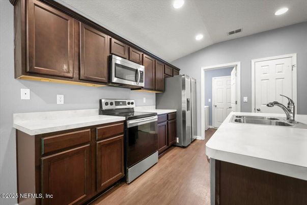 Interior, Kitchen, Recessed Lighting, Stainless Steel Appliances, Wood Texture Flooring