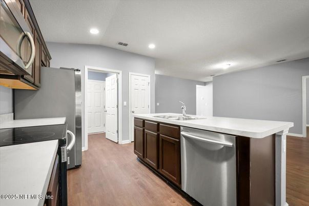 Interior, Kitchen, Recessed Lighting, Wood Texture Flooring