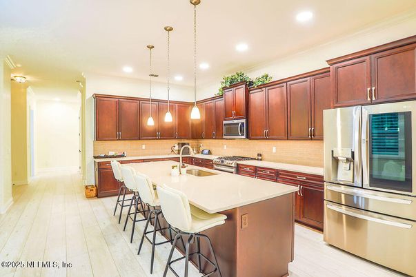 Interior, Kitchen, Pendant Lights, Recessed Lighting, Stainless Steel Appliances, Wood Texture Flooring