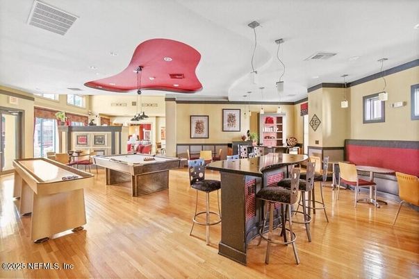 Billiard Table, Game Room, Interior, Pendant Lights, Recessed Lighting, Wood Texture Flooring