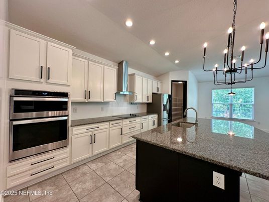 Chandelier, Interior, Kitchen, Pendant Lights, Recessed Lighting, Stainless Steel Appliances
