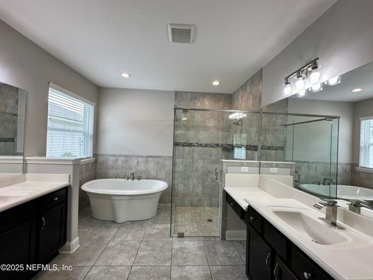 Bathroom, Dual Sink Vanities, Free Standing Baths, Glass Shower, Interior, Recessed Lighting