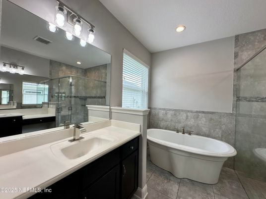 Bathroom, Dual Sink Vanities, Free Standing Baths, Glass Shower, Interior, Recessed Lighting