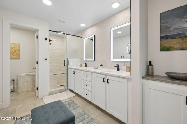 Bathroom, Dual Sink Vanities, Glass Shower, Interior, Recessed Lighting