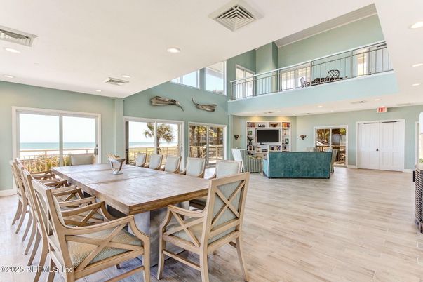 Dining room, Interior, Living room, Recessed Lighting, Water, Wood Texture Flooring