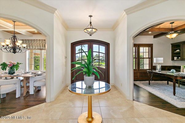 Chandelier, Dining room, Interior, Pendant Lights, Recessed Lighting, Wooden Beams, Wood Texture Flooring