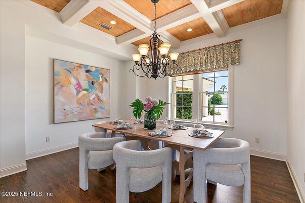 Chandelier, Dining room, Interior, Recessed Lighting, Wooden Ceilings, Wood Texture Flooring