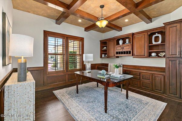 Home Office, Interior, Recessed Lighting, Wooden Beams, Wood Texture Flooring
