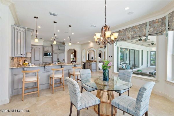 Chandelier, Dining room, Interior, Kitchen, Pendant Lights, Recessed Lighting, Stainless Steel Appliances