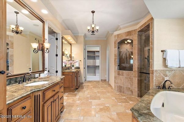 Bathroom, Chandelier, Dual Sink Vanities, Interior, Recessed Lighting