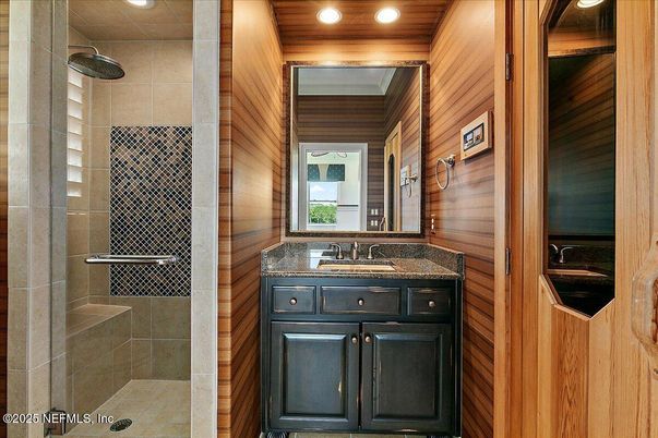 Bathroom, Interior, Recessed Lighting, Wooden Walls