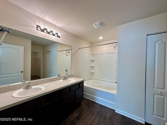 Bathroom, Dual Sink Vanities, Interior, Recessed Lighting, Wood Texture Flooring