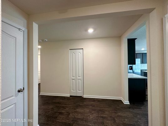 Empty room, Interior, Kitchen, Recessed Lighting, Wood Texture Flooring