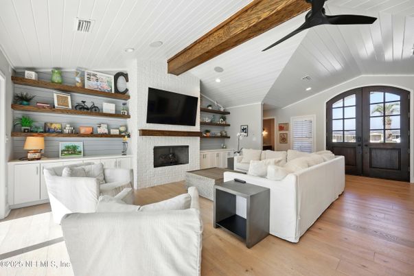 Fireplace, Interior, Living room, Recessed Lighting, Wooden Beams, Wood Texture Flooring