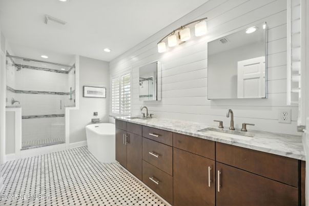 Bathroom, Dual Sink Vanities, Glass Shower, Interior, Recessed Lighting