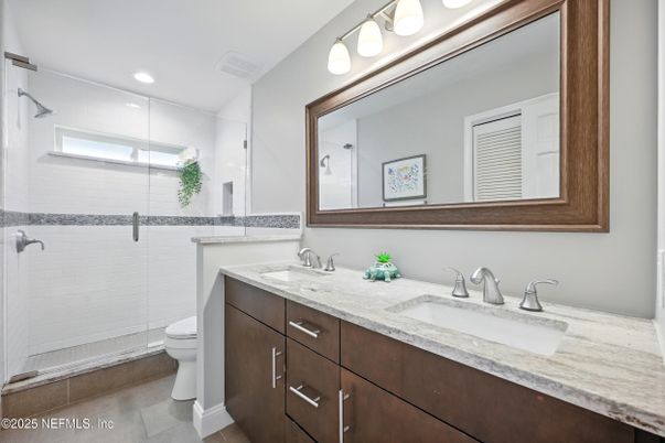 Bathroom, Dual Sink Vanities, Glass Shower, Interior, Recessed Lighting