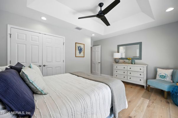 Bedroom, Interior, Recessed Lighting, Wood Texture Flooring